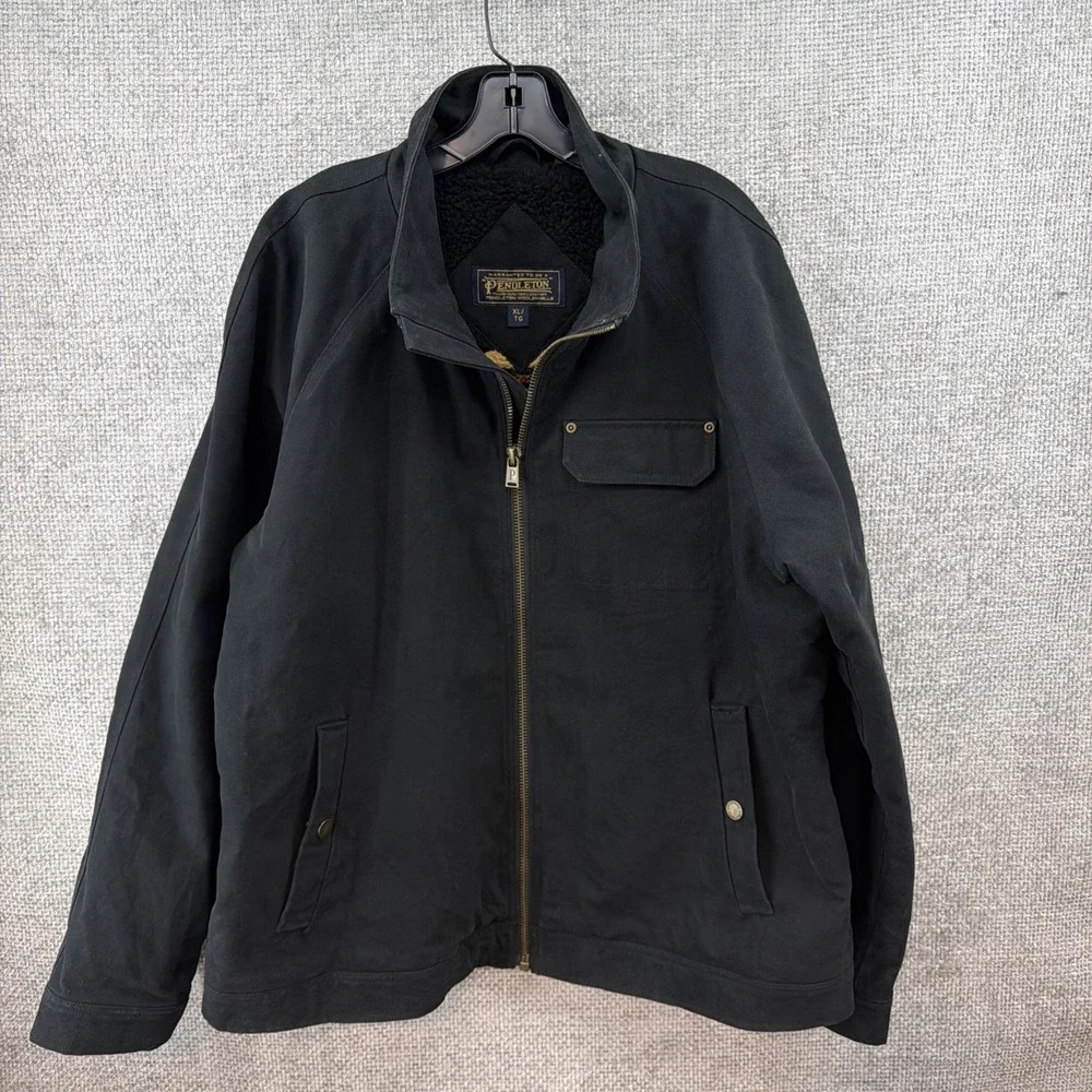 Pendleton Black Cotton Canvas Men's XL Jacket Multi Striped Fleece Lined Pockets